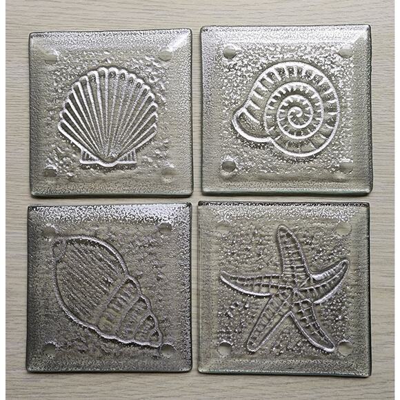 COASTERS-Glass-Clear-Silver-Sea Shells-Star Fish-Nautical-Square-Ocean-Beach - Picture 6 of 13